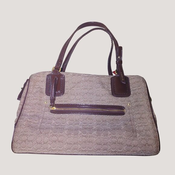 Coach Poppy Signature Handbag Satchel Oxford Khaki Mahogany Patent Leather Trim - Picture 3 of 16